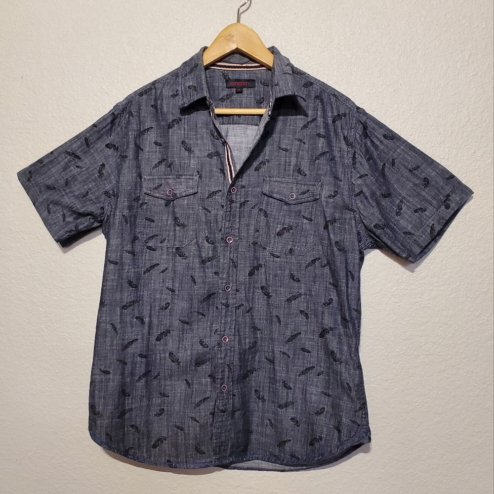 Smash Men's Dark Blue Feather Print Short Sleeve Button Down Shirt